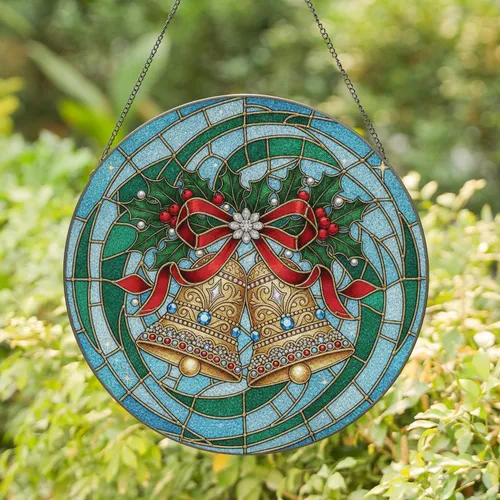 Antique Gold Christmas Bells Holly Red Bow Gems - Christmas Gift Stained Glass Suncatcher