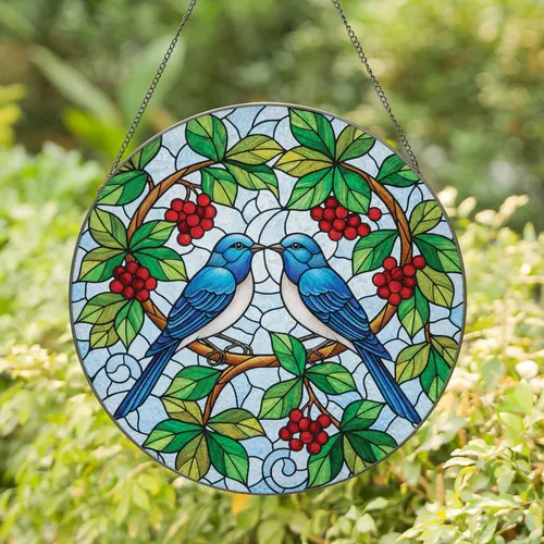 Blue Songbirds Branch Red Berries - Home Decor Gift for Bird Lovers Stained Glass Suncatcher