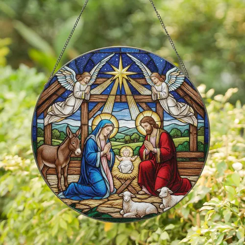 Mary Joseph Baby Jesus Nativity Angels Donkey Lambs Star - Christmas Home Decor Gift Stained Glass Suncatcher