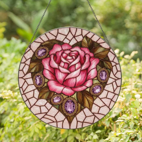Rose Amethyst Heart Floral - Home Decor Gift for Garden Lover Stained Glass Suncatcher