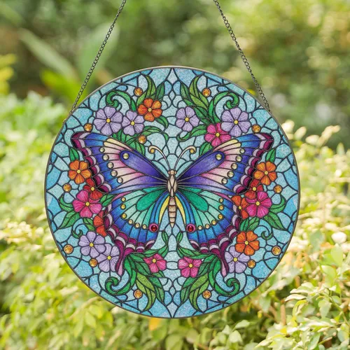 Heart-Tipped Butterfly Lavender Flowers Vines Mosaic - Home Decor Gift for Garden Lover Stained Glass Suncatcher