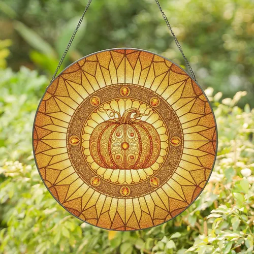 Ornate Golden Pumpkin Filigree Jeweled Frame Sunburst - Fall Harvest Home Decor Gift Stained Glass Suncatcher