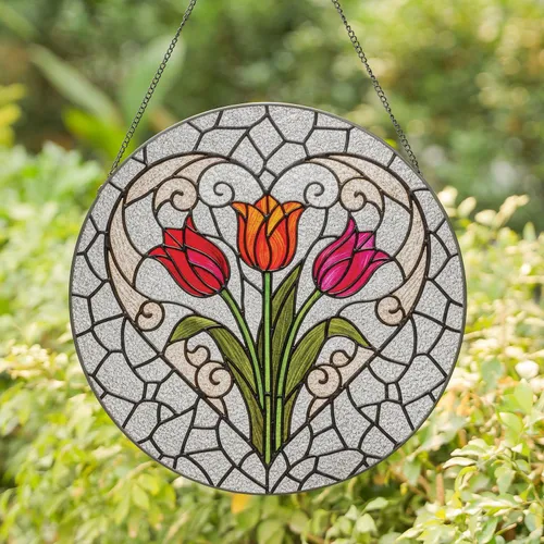 Blooming Tulips Broad Leaves Heart - Spring Home Decor Gift for Garden Lover Stained Glass Suncatcher