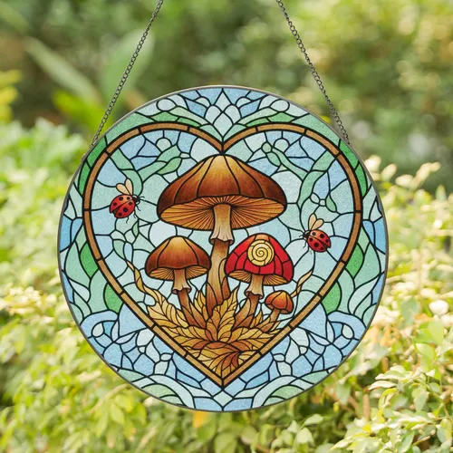 Mushrooms Ladybugs Heart Organic Mosaic Home Decor Gift for Garden Lover Stained Glass Suncatcher