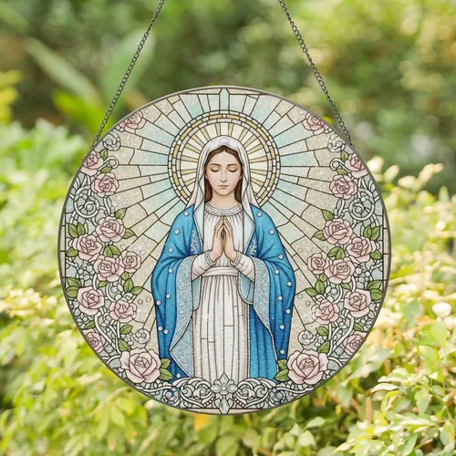 Virgin Mary Praying Rose Halo Mosaic - Spiritual Home Decor Gift for Catholic Home Stained Glass Suncatcher