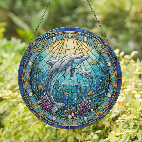 Lead Dolphin Stained Glass Coral Reef Ocean Scene - Home Decor Gift for Ocean Lover Stained Glass Suncatcher