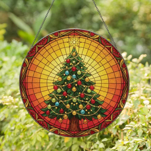 Festive Christmas Tree Ornaments Floral Scroll Golden Star - Christmas Gift Stained Glass Suncatcher