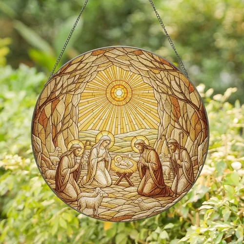 Nativity Holy Family Shepherds Celestial Star Grotto - Christmas Home Decor Gift Stained Glass Suncatcher