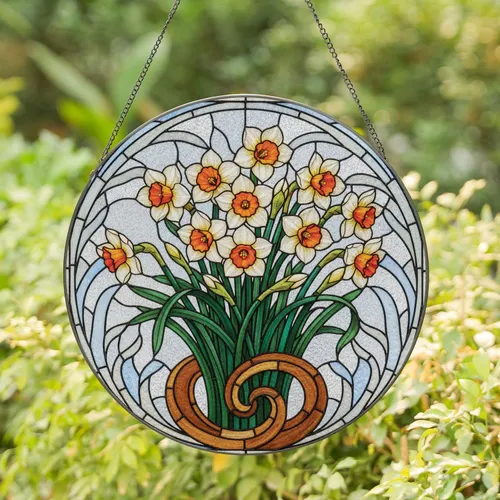 Daffodil Bouquet Stained Glass Art Nouveau Swirl - Home Decor Gift for Plant Lover Stained Glass Suncatcher