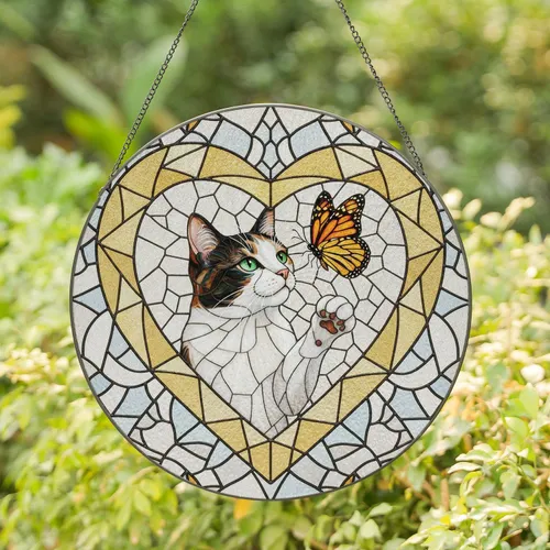 Iridescent Heart Stained Glass Calico Cat Monarch Butterfly - Home Decor Gift for Cat Lover Stained Glass Suncatcher