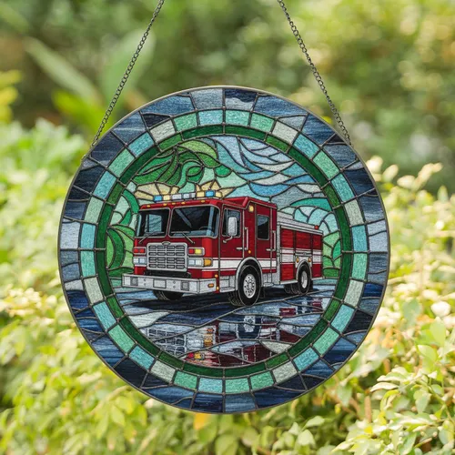 Red Fire Truck Emergency Lights Wet Road - Home Decor Gift for First Responders Stained Glass Suncatcher