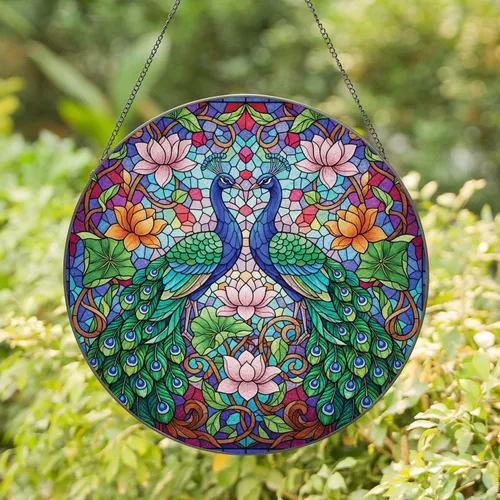 Peacocks with Tail Feathers Lotus Blossoms Floral Embrace - Home Decor Gift for Bird Lover Stained Glass Suncatcher