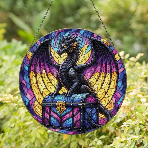Black Dragon Iridescent Scales Ornate Treasure Chest - Home Decor Gift for Dragon Lover Stained Glass Suncatcher