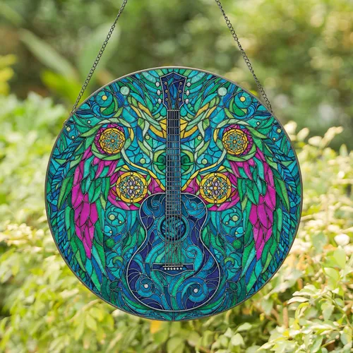 Mosaic Winged Acoustic Guitar - Home Decor Gift for Music Lover Stained Glass Suncatcher