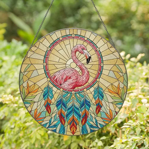 Pink Flamingo Dreamcatcher Tropical Foliage - Home Decor Gift for Wildlife Lover Stained Glass Suncatcher