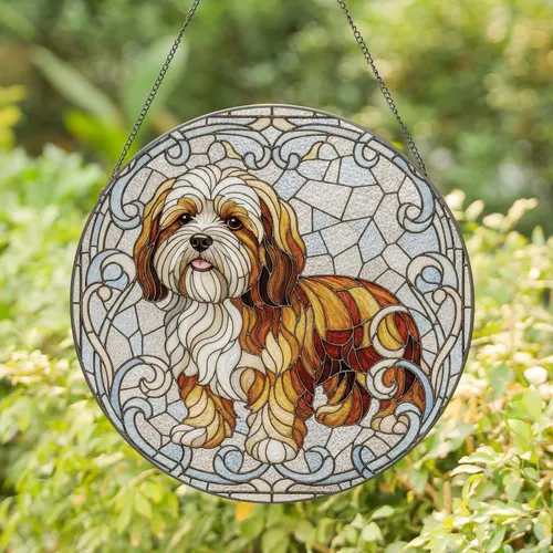 Shaggy Dog Floral Vines Geometric Shapes - Home Decor Gift for Pet Parents Stained Glass Suncatcher