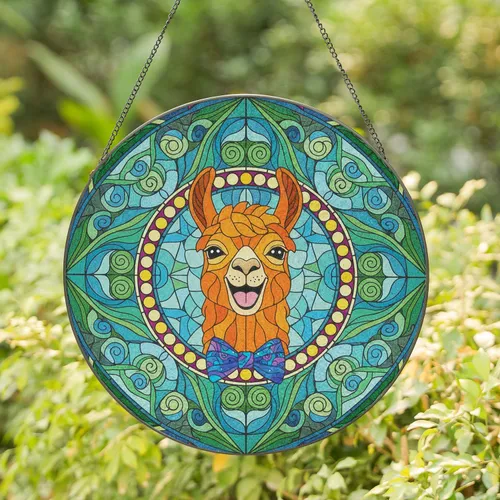 Orange Llama Head Pink Tongue Blue Purple Bow Tie - Animal Lover Home Decor Gift Stained Glass Suncatcher