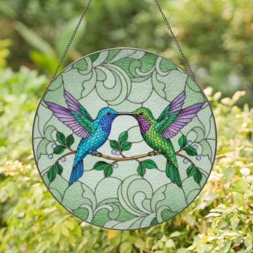 Two Hummingbirds Touching Beaks Leafy Branch Berries - Wildlife Home Decor Gift Stained Glass Suncatcher