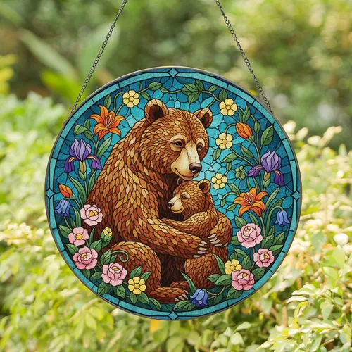 Mother Bear Cub Floral Mosaic - Mother's Day Gift for Bear Lover Stained Glass Suncatcher