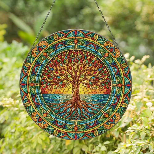 Tree of Life Sunset Water Geometric Border - Home Decor Gift for Nature Lover Stained Glass Suncatcher