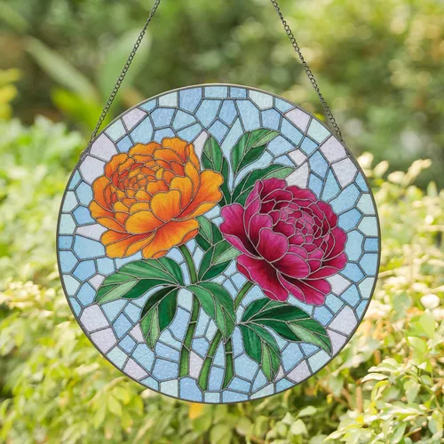 Orange Magenta Peony Flowers Green Leaves Stained Glass Mosaic - Home Decor Gift Stained Glass Suncatcher