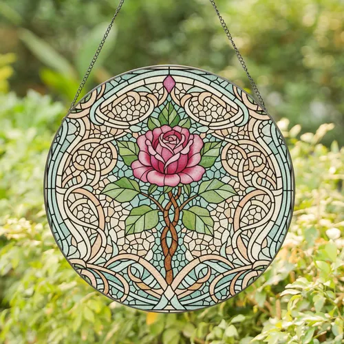 Multi-Petaled Pink Rose Floral Mosaic - Home Decor Gift for Garden Lover Stained Glass Suncatcher