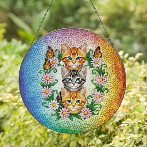 Three Stacked Kittens Daisies Monarchs - Home Decor Gift for Cat Lover Stained Glass Suncatcher