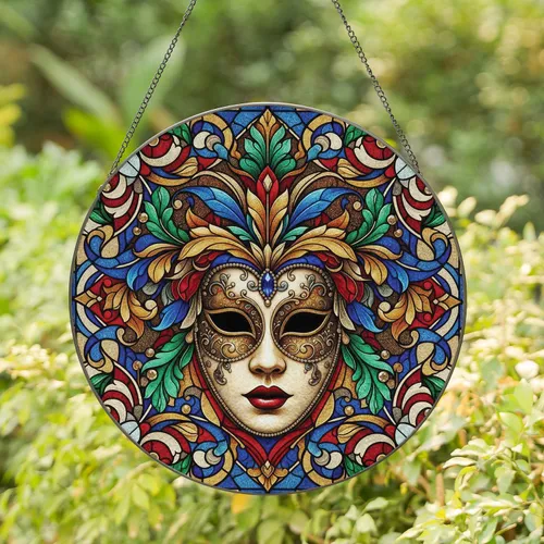 Ornate Jeweled Venetian Masquerade Mask Floral Scrollwork - Home Decor Gift Stained Glass Suncatcher