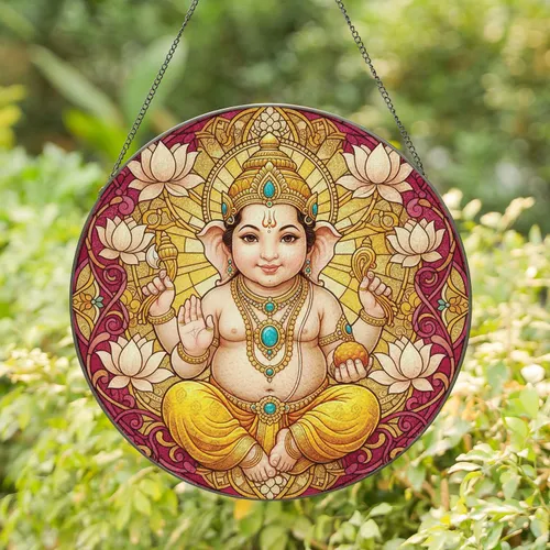 Ganesha Lotus Floral Mosaic Celestial Swirls - Home Decor Gift for Yoga Lover Stained Glass Suncatcher