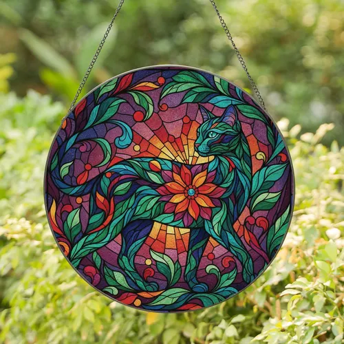 Stained Glass Cat Garden Floral Mosaic - Home Decor Gift for Cat Lover Stained Glass Suncatcher
