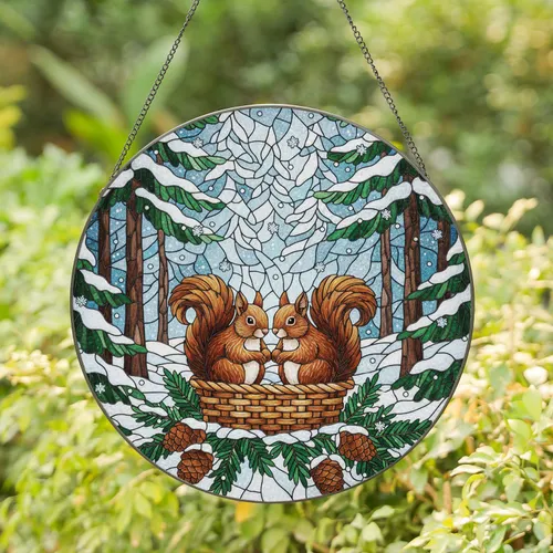 Fluffy Squirrels Pinecones Snowy Forest - Christmas Home Decor Gift for Wildlife Lover Stained Glass Suncatcher