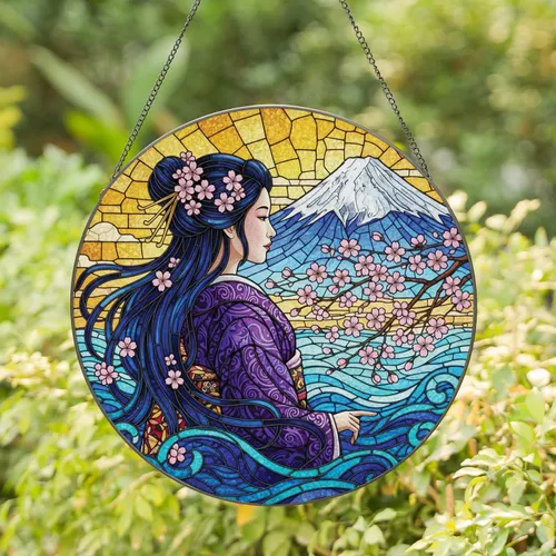 Snow-Capped Mount Fuji Japanese Woman Kimono Cherry Blossom - Home Decor Gift Stained Glass Suncatcher
