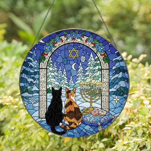 Black Calico Cats Hanukkah Stained Glass - Winter Home Decor Gift Stained Glass Suncatcher