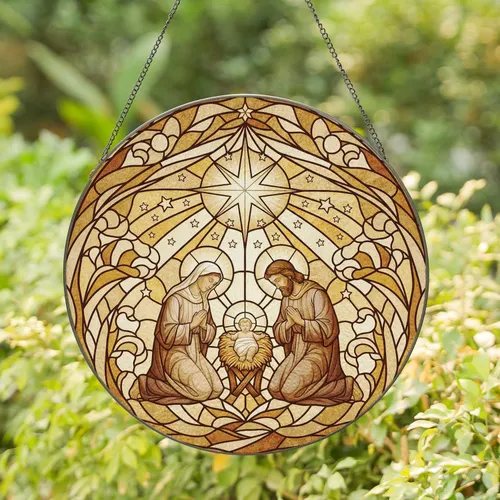 Holy Family Manger Guiding Star - Christmas Gift for Christian Family Stained Glass Suncatcher