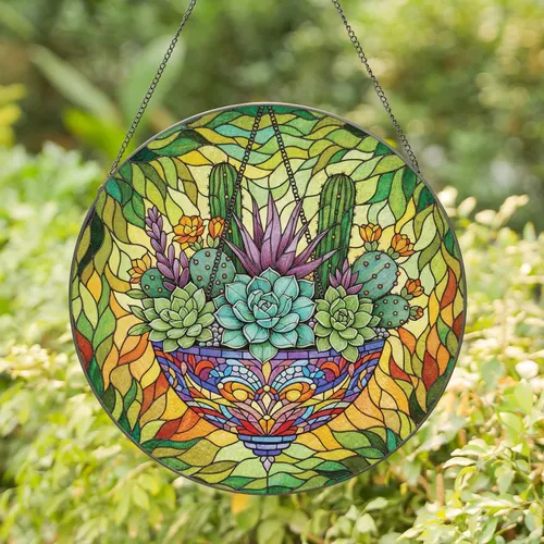 Stained Glass Succulent Cactus Pot - Home Decor Gift for Plant Lover Stained Glass Suncatcher