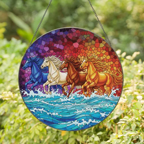 Four Galloping Horses Flowing Manes Water Ripples - Everyday Home Decor Gift for Horse Lover Stained Glass Suncatcher