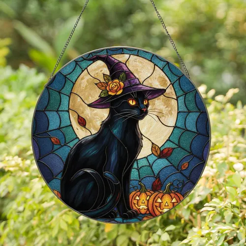 Black Cat Witch Hat Jack-o-Lanterns Full Moon Autumn Leaves - Halloween Decor Cat Lover Gift Stained Glass Suncatcher