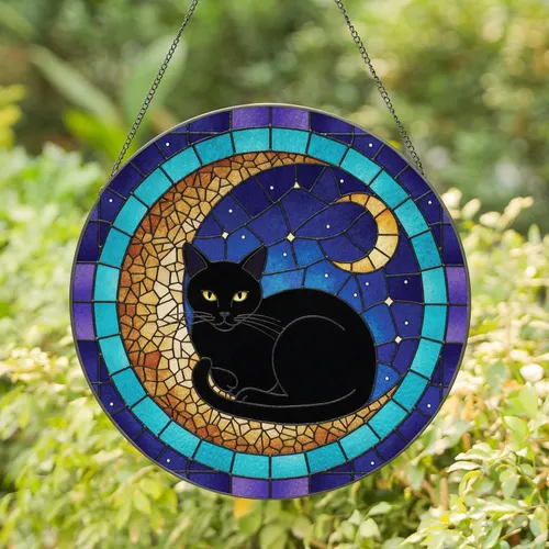 Black Cat Yellow Eyes Moon Night Sky - Cat Lover Home Decor Gift Stained Glass Suncatcher