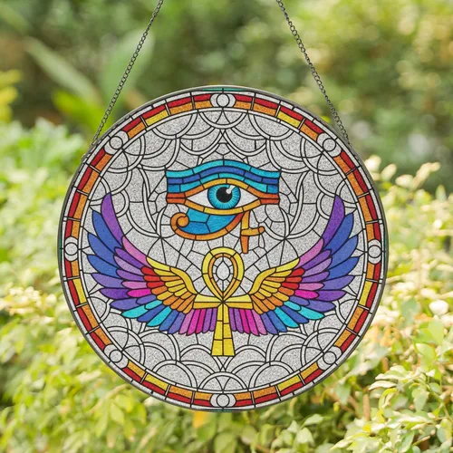 Eye of Horus Udjat Eye Winged Ankh - Egyptian Mythology Home Decor Gift for History Lovers Stained Glass Suncatcher