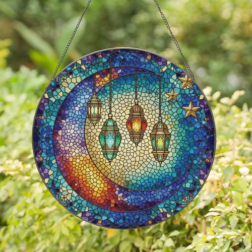 Crescent Moon Islamic Lanterns Stars Cosmic - Home Decor Gift for Space Lover Stained Glass Suncatcher