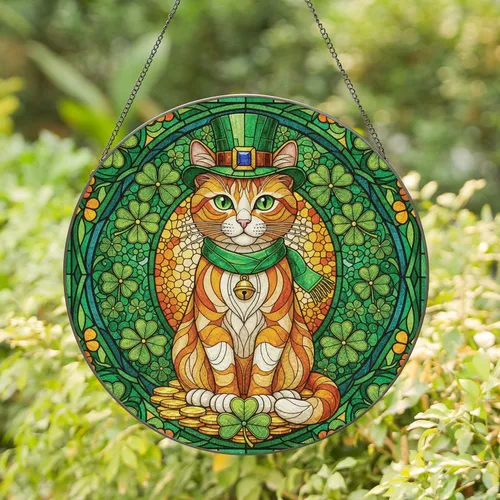 Ginger Cat Leprechaun Hat Clover St. Patrick's Day Gift for Cat Lover Stained Glass Suncatcher