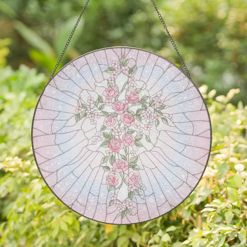 Christian Cross Pink Rose Floral - Faith Home Decor Gift for Believers Stained Glass Suncatcher