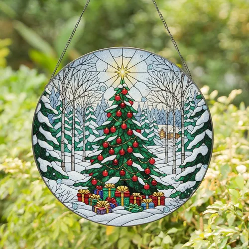 Christmas Tree Gift Boxes Winter Forest - Festive Window Decor Stained Glass Suncatcher