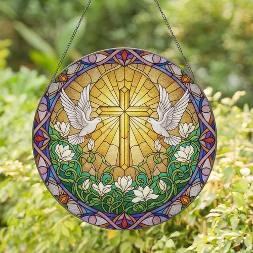 Christian Cross Doves Magnolia Swirling Light Border - Home Decor Gift for Christians Stained Glass Suncatcher