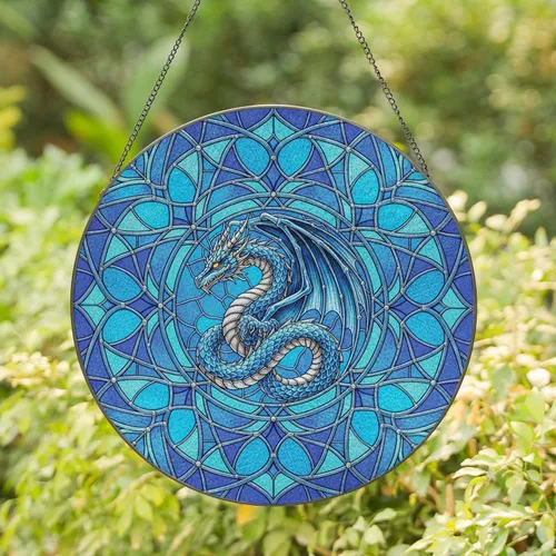 Winged Dragon Serpentine Body Coiled Spiky Head - Home Decor Gift for Dragon Lover Stained Glass Suncatcher