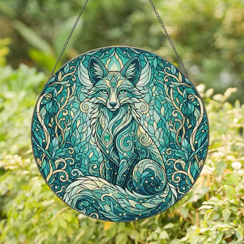 Mythical Fox Creature Forest Mosaic Glowing Gems - Fantasy Lover Home Decor Gift Stained Glass Suncatcher