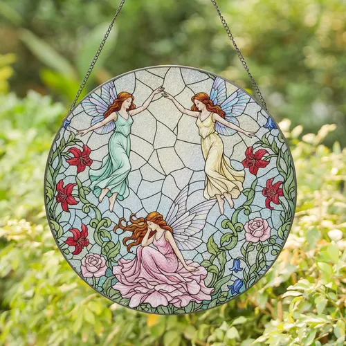 Dancing Winged Fairies Flower Blossoms Botanical Garden - Home Decor Gift for Fairy Lover Stained Glass Suncatcher