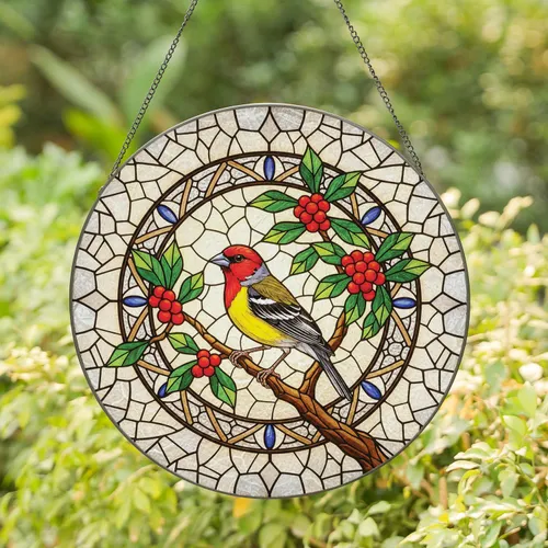 Painted Bunting Berries Circular Border - Home Decor Gift for Bird Lover Stained Glass Suncatcher