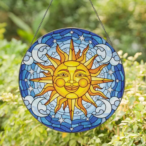 Radiant Smiling Sun Face Swirling Rays Crescent Moons Stars - Luminous Window Decor Gift Stained Glass Suncatcher