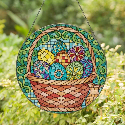 Mosaic Easter Eggs Woven Basket Foliage - Easter Holiday Gift for Spring Home Decor Stained Glass Suncatcher
